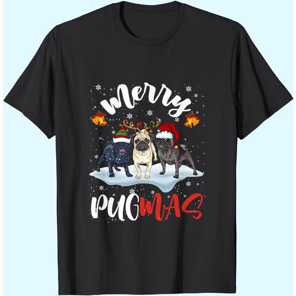 Merry Pugmas Santa Reindeer Elf Pug Dog Christmas T-Shirt-image