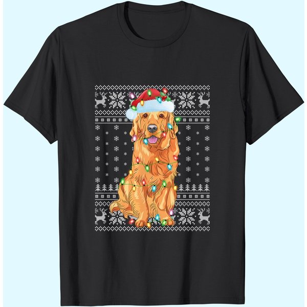 Xmas Lighting Santa Hat Ugly Golden Retriever Christmas T-Shirt-image