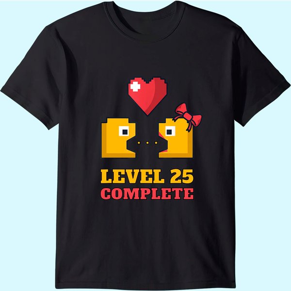 Funny Gamers Level 25 Complete 25Th Wedding Anniversary T-Shirt-image