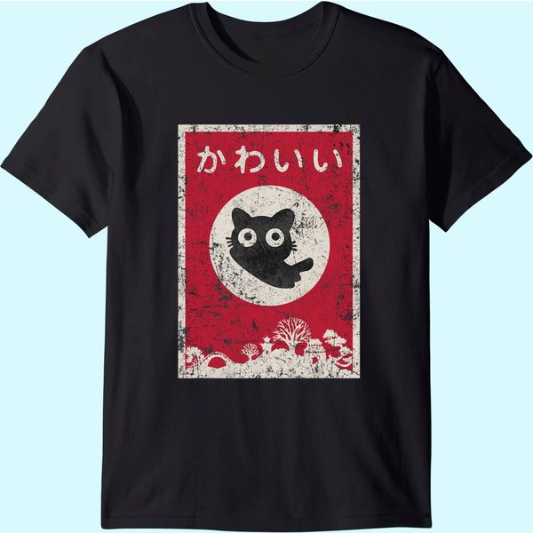 Kawaii Cat Japanese Black Anime Cat T Shirt-image