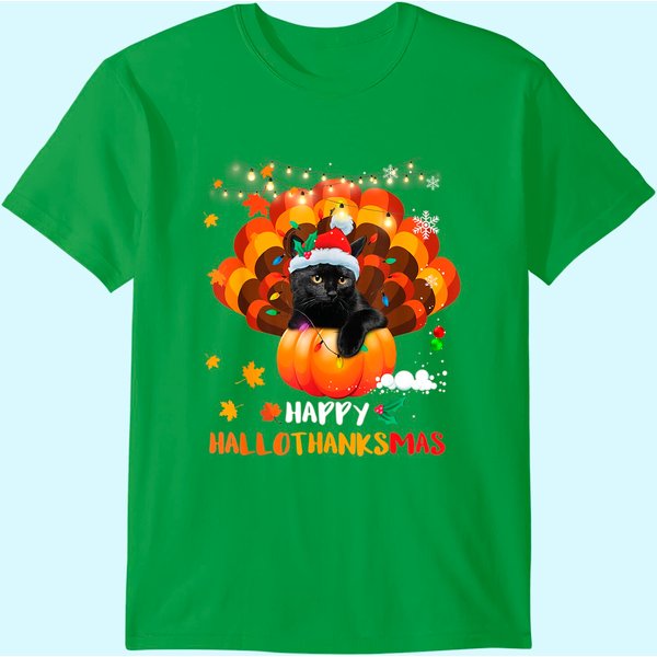 Happy Hallothanksmas Pumpkin Turkey Black Cat Lovers Gifts T-Shirt-image