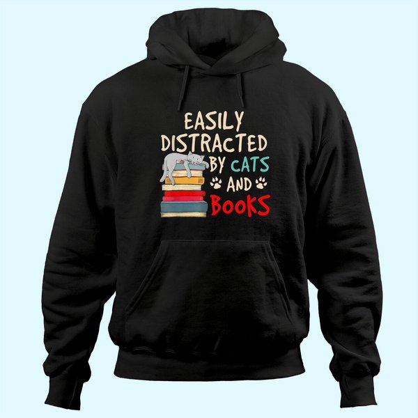 Easily Distracted By Cats And Books - Cat & Book Lover Hoodie-image
