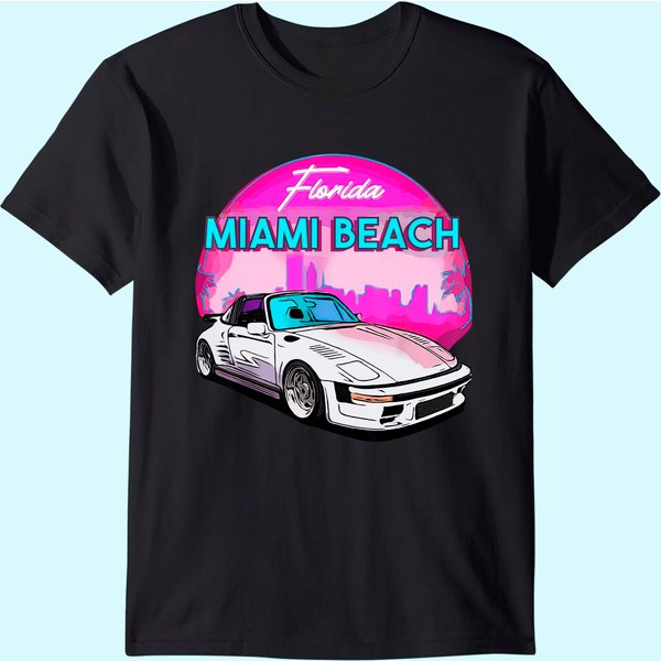 Miami Men's T Shirt Palm Trees And Vintage Car-image