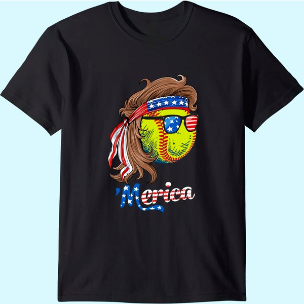 Softball Mullet American Flag Merica Fathers Day T-Shirt-image