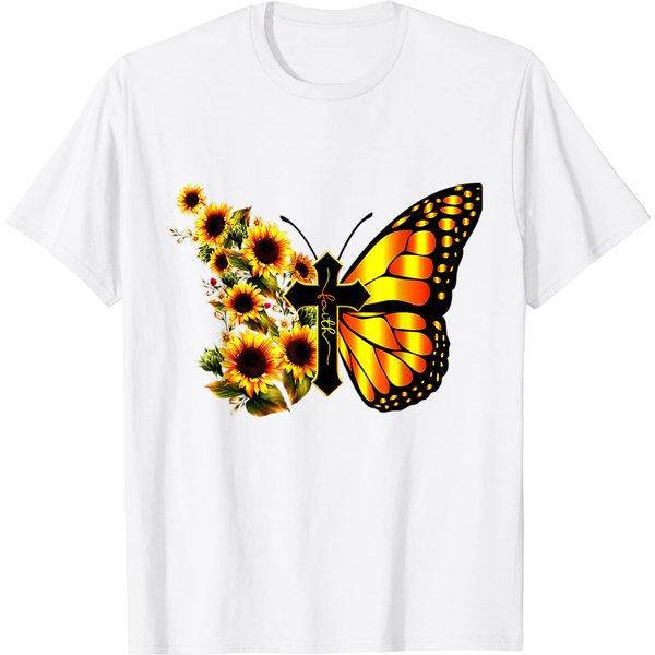 Faith Cross Sunflower Butterflys Christianan Whisperer T-Shirt-image