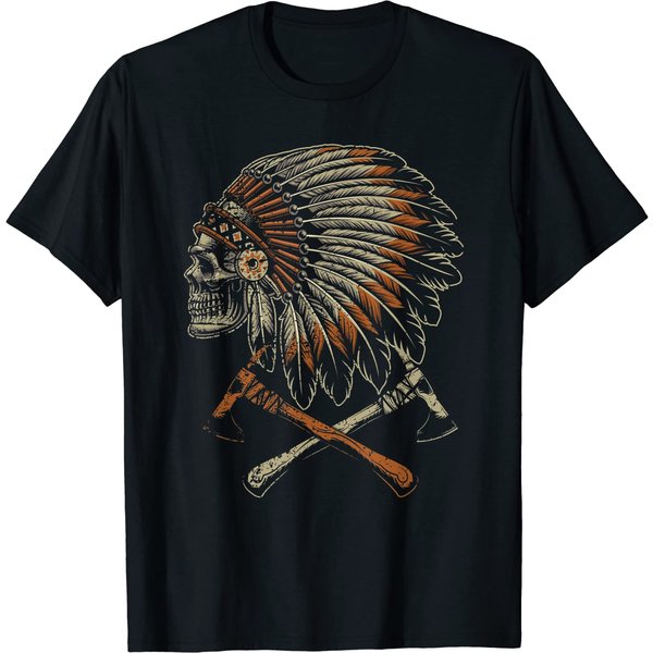 Native American - Skull Headdress - Tomahawk - Warbonnet T-Shirt-image