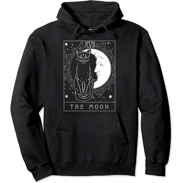 Tarot Card Crescent Moon And Cat Graphic Pullover Hoodie-image