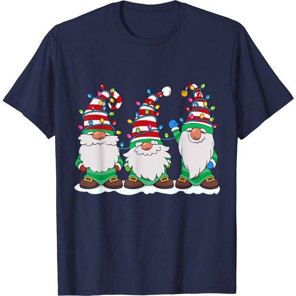 Three Gnomes With Hats Beards Christmas Tree Lights T-Shirt-image