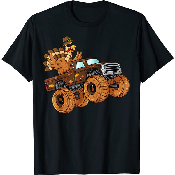 Thanksgiving Turkey Riding Monster Truck Boys Kids T-Shirt-image