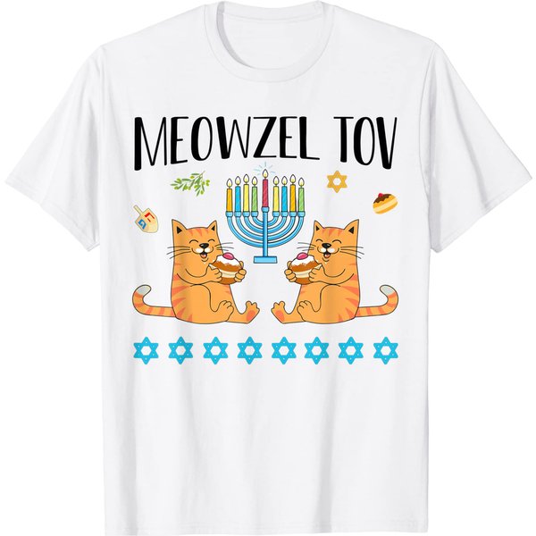 Meowzel Tov Menorah Cat Hanukkah Chanukah Jewish Funny Gift T-Shirt-image