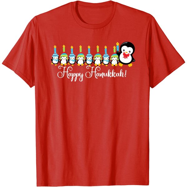 Happy Hanukkah Penguins Menorah Funny Christmas T-Shirt Gift-image