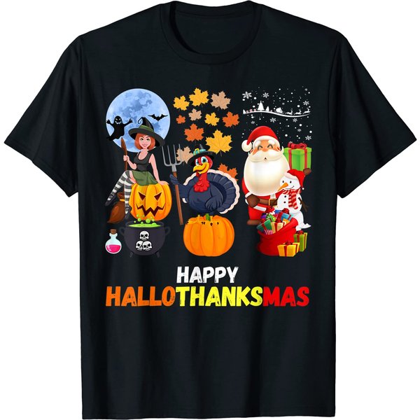 Happy Hallothanksmas Funny Halloween Thanksgiving Christmas T-Shirt-image