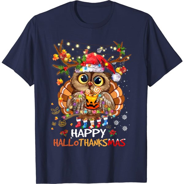 Owl Thankgiving Halloween Christmas Happy Hallothanksmas T-Shirt-image