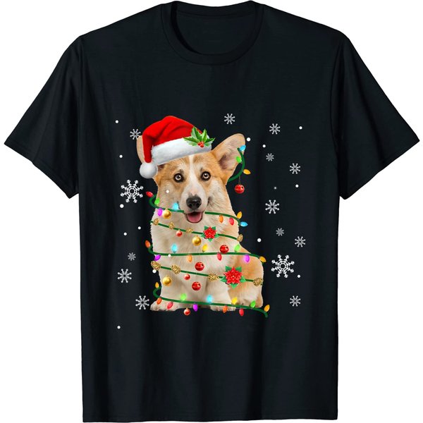 Santa Corgi Christmas Tree Light Pajama Dog X-Mas Matching T-Shirt-image