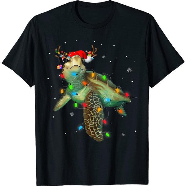 Sea Turtle Christmas Lights Funny Santa Hat Merry Christmas T-Shirt-image