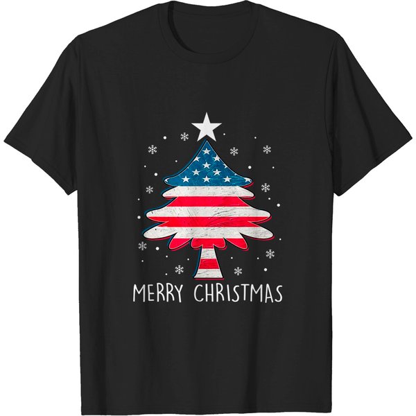 Merry Christmas Tree American Flag Us Flag Xmas Pajama T-Shirt-image