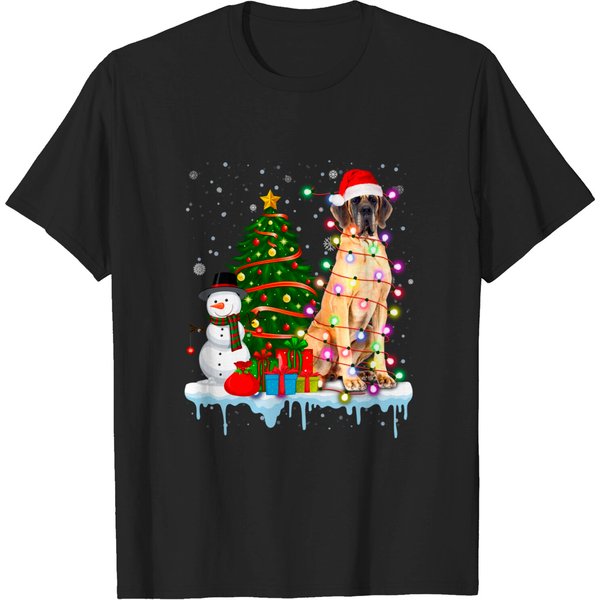Great Dane Dog Santa Lights Hat In Snow Christmas T-Shirt-image