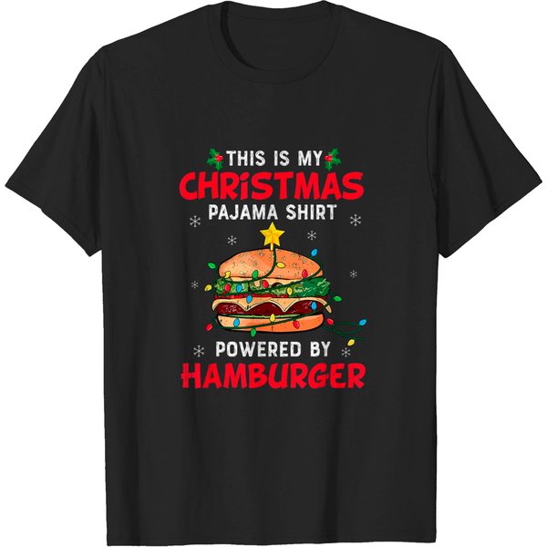 Christmas Powered By Hamburger Tree Lights Cheeseburger T-Shirt-image