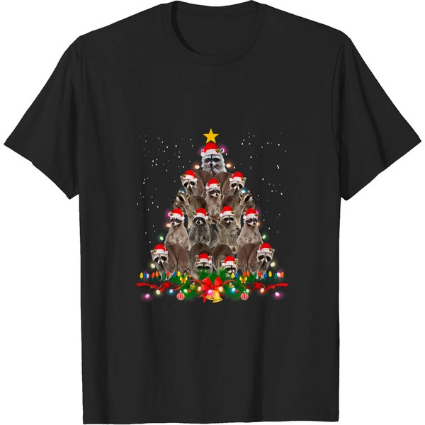 Raccoon Christmas Tree Lights Pajama Racoon Lover Xmas T-Shirt-image
