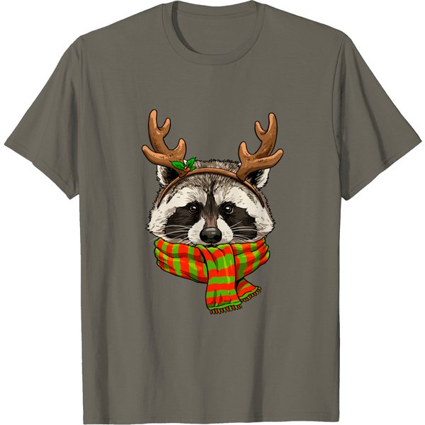 Raccoon Christmas Reindeer Antlers Xmas Gifts T-Shirt-image