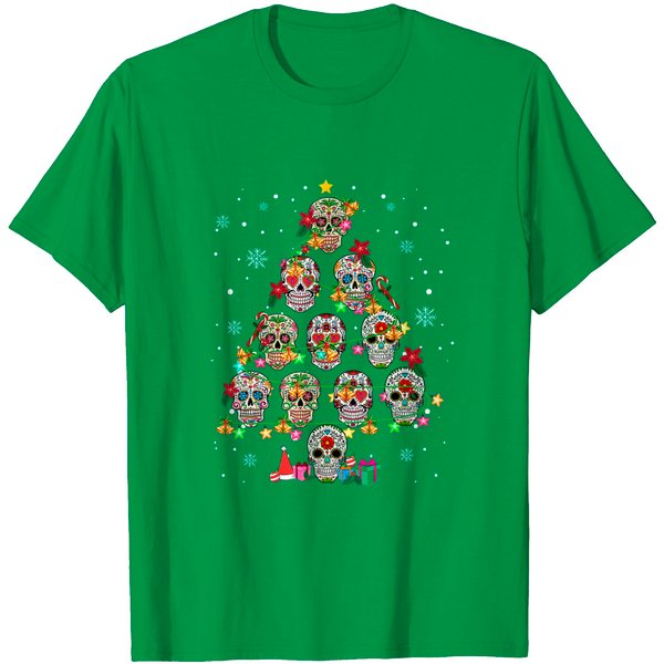 Skull Christmas Tree Funny Mexican Flower Sugar Skull Gifts T-Shirt-image