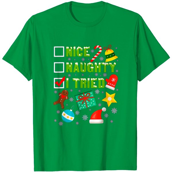 Christmas Nice Naughty I Tried Men Women Xmas Tree Light Men T-Shirt-image