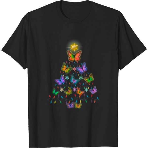 Butterfly Christmas Lights Tree Decoration Butterfly Xmas T-Shirt-image