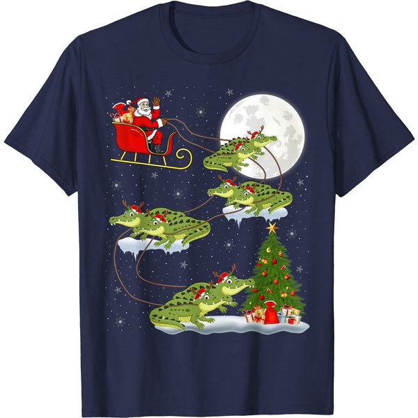 Funny Xmas Lighting Tree Santa Riding Alligator Christmas T-Shirt-image