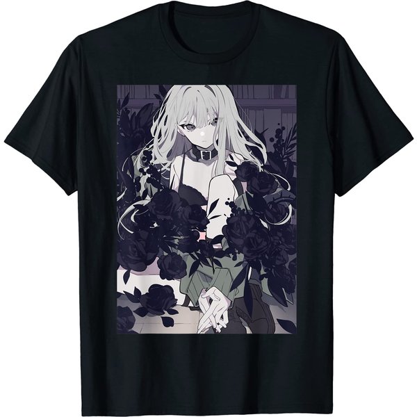 Anime Girl Aesthetic Dark Floral Kawaii Waifu T-Shirt-image