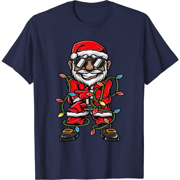 Christmas Black African American Santa Claus Pajama T-Shirt-image