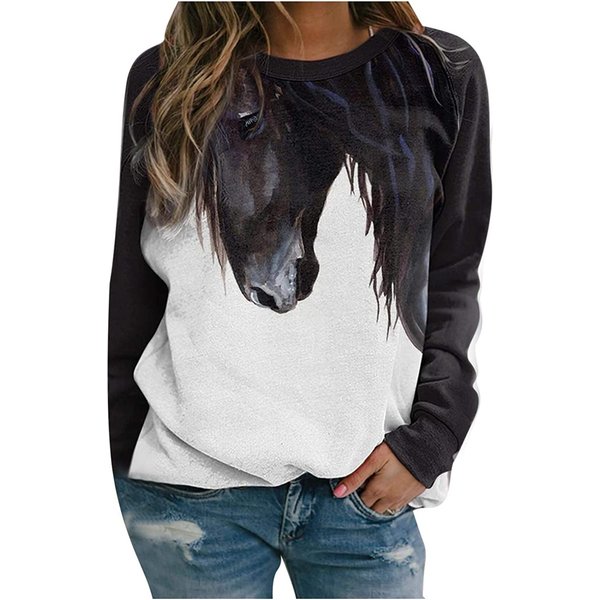 Animal Grahic Horse Print Sweatshirts Loose Crewneck Long Sleeve
