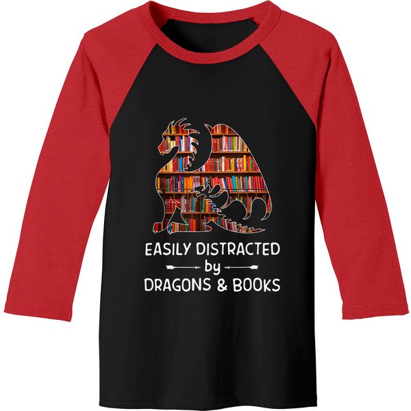 Easily Distracted By Dragon And Books Nerds Baseball Tee-image