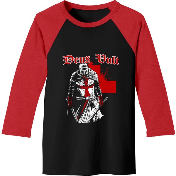 Crusader Flag Baseball Tee Deus Vult - Knight Templar - Vintage Crusader-image