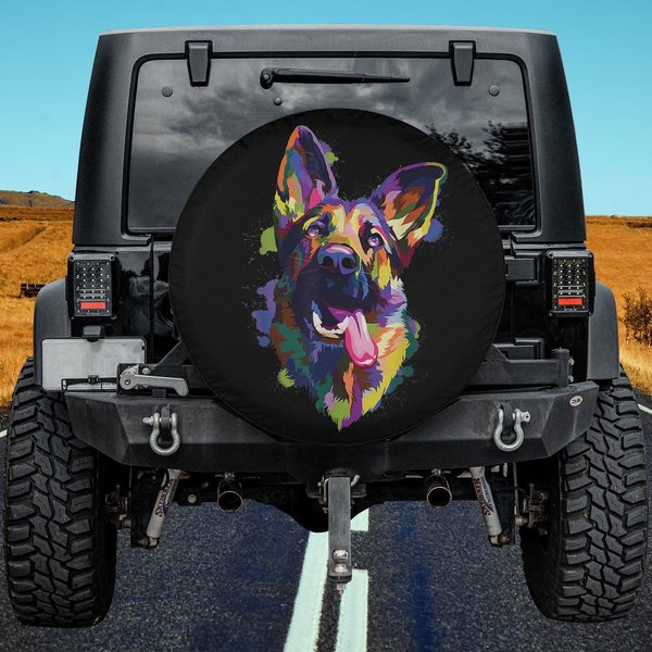 German Shepherd Dog Face Watercolor Colorful Pop Splash Art Spare Tire Cover-image