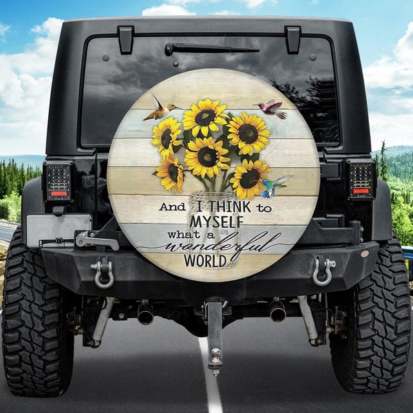 Humming Bird Decor, Sunflower Spare Tire Cover, What A Wonderful World, Positive Quote-image