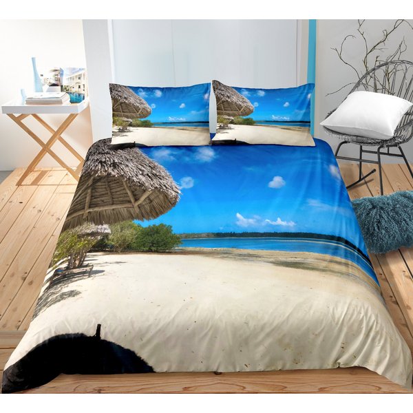 Palm Trees Bedding Set Ocean Beach Comforter Cover Sunset Hawaii Tropical Leaves Sea Wave-image