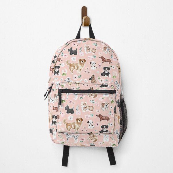 Watercolor Dogs And Flowers On Pink, Pet Decor, Puppy Dog Art, Dog Illustration Backpack