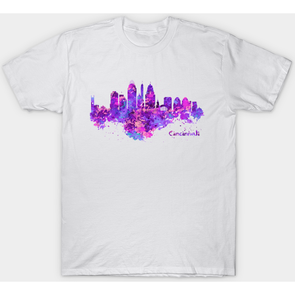 Horizontal Watercolor Skyline Of Cincinnati - Cincinnati Watercolor Painting - T-Shirt-image