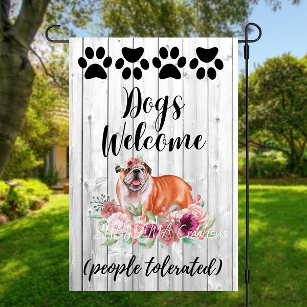 Dogs Welcome English Bulldog Garden Flag-image