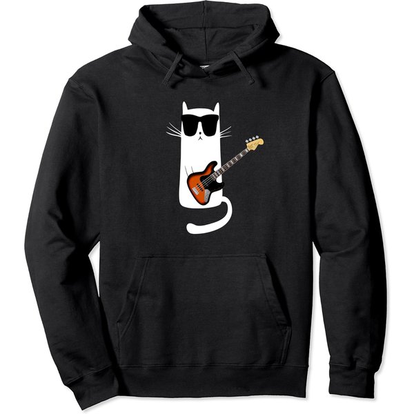 Funny Cat Wearing Sunglasses Playing Bass Guitar Pullover Hoodie-image