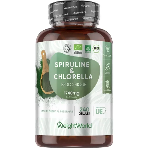 Spiruline Bio et Chlorella Bio 1500mg 180 comprimés certifiés 100% bio, sans polluants ni additifs