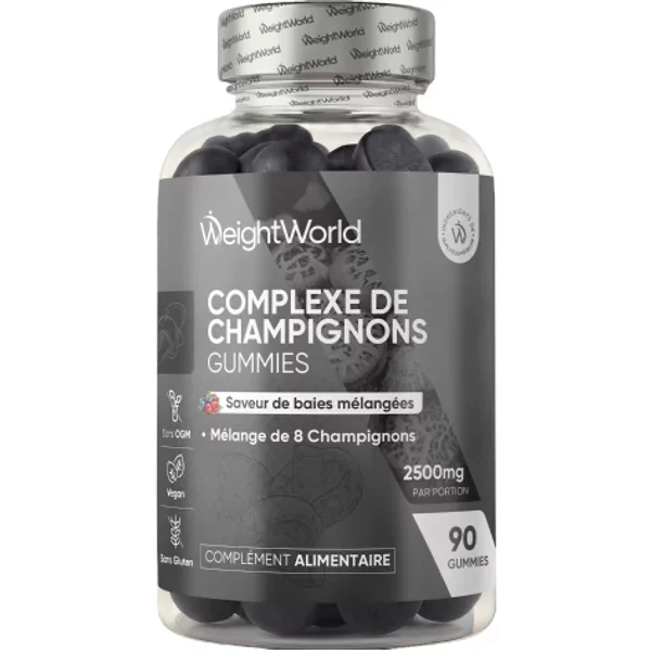 Complexe de 8 champignons en gummies à la saveur naturelle de fruits rouges. 2500 mg par dose, 90 gummies, formule végane, sans OGM et sans gluten.