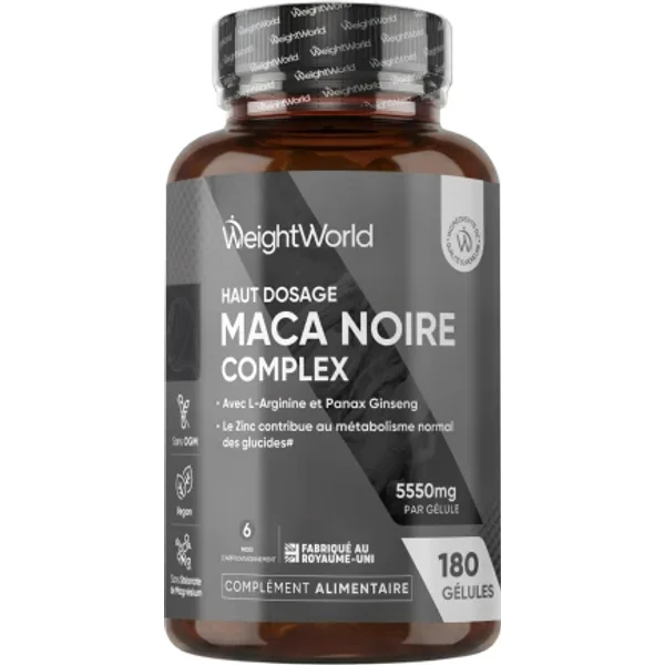 Racine de Maca Noire 5500mg - 180 Gélules avec Ginseng et L-Arginine