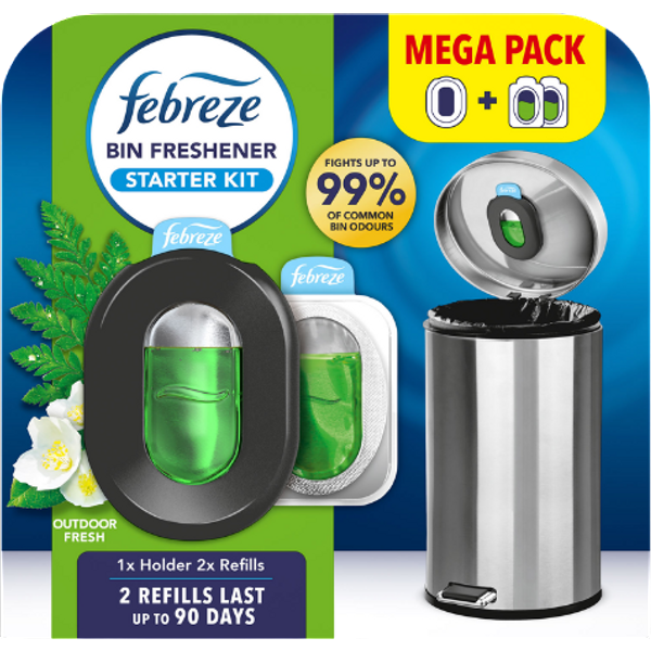 Febreze Outdoor Fresh Bin Freshener Starter Kit Holder With Refills - 2 x 4.88 ml