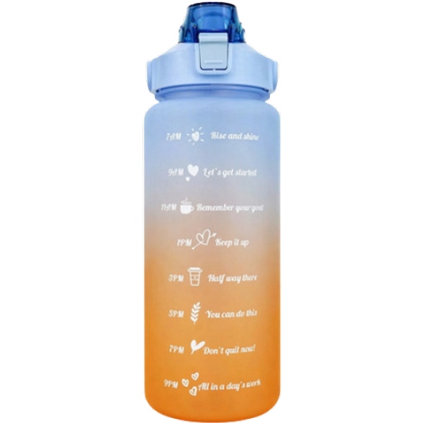 Motiverande Blå-Orange Vattenflaska med Sugrör – 2000 ml