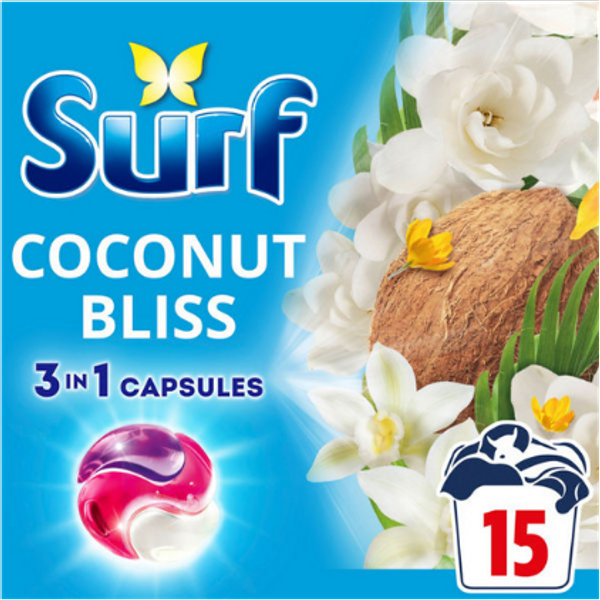 Surf 3-in-1 Coconut Bliss Vaskemiddelkapsler – 15 Pcs