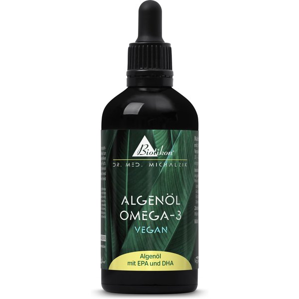 Algenöl Omega-3 vegan, 100 ml vegan – DHA & EPA aus Mikroalge Schizochytrium – Omega-3 Tropfen – fischfrei – mit Zitronenöl – Biotikon