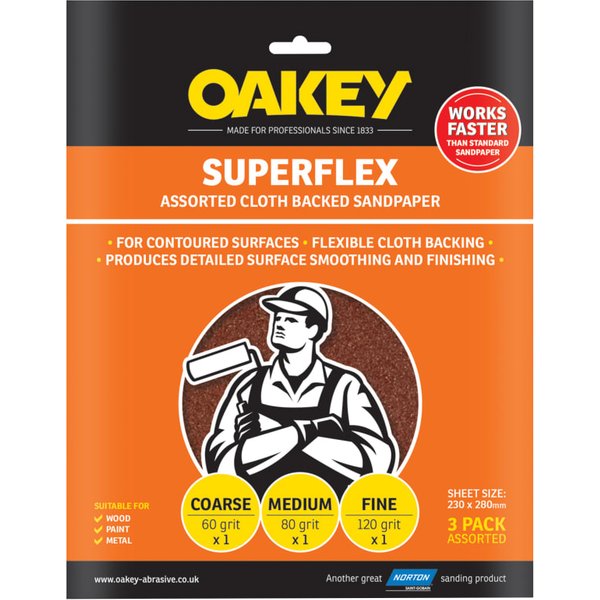 Oakey Superflex Cloth Backed Aluminium Oxide Sheets 230 x 280mm Assorted (3) 63642526734