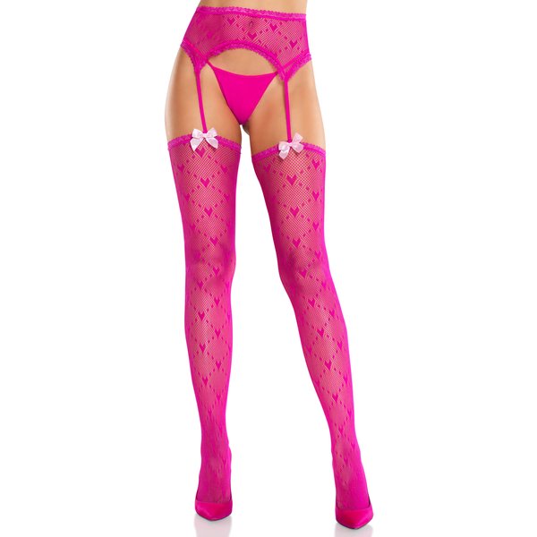 Magenta Heart Lace Trimmed Heart Net Stockings - Net Stockings - With Garter Belt - Os
