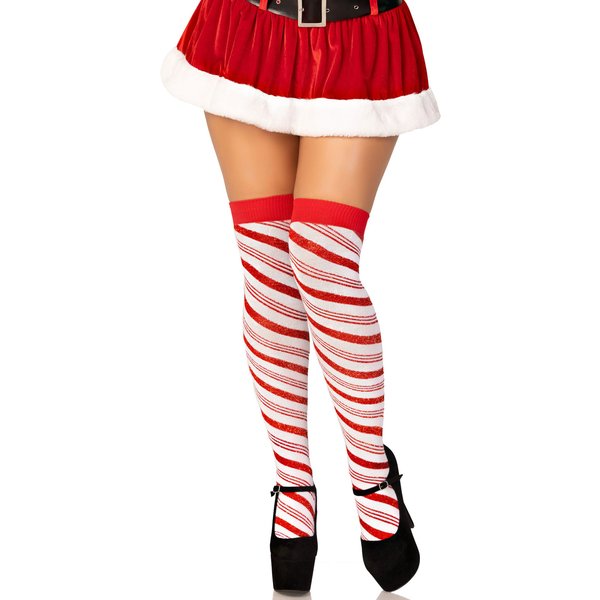 Candy Cane Lurex Striped Socks - Over the Knee - Os - White/red